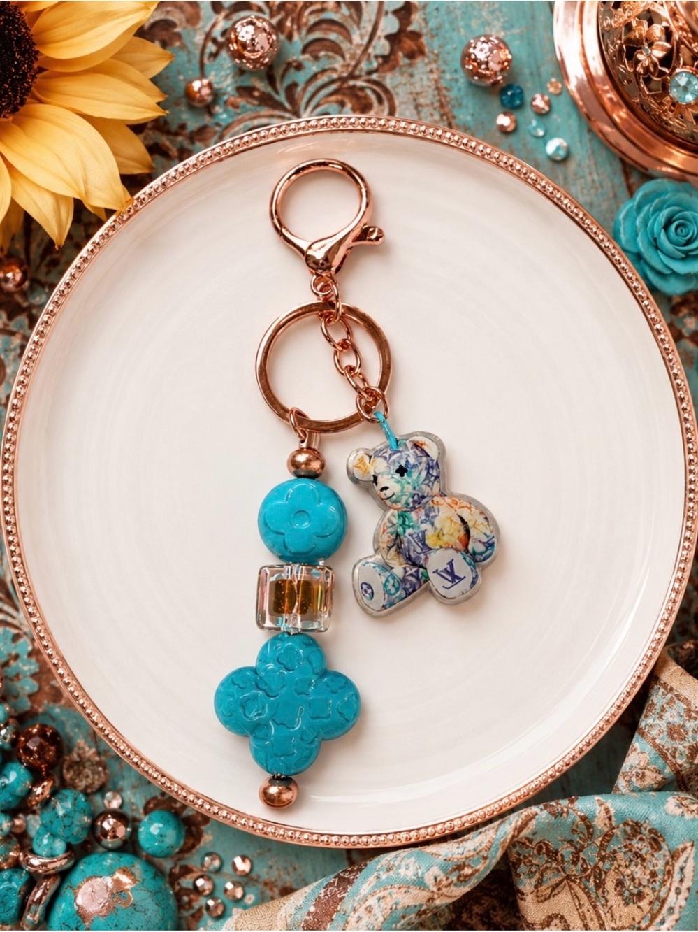Handcrafted Inspired Turquoise and Rose Gold Floral Bear Keychain
